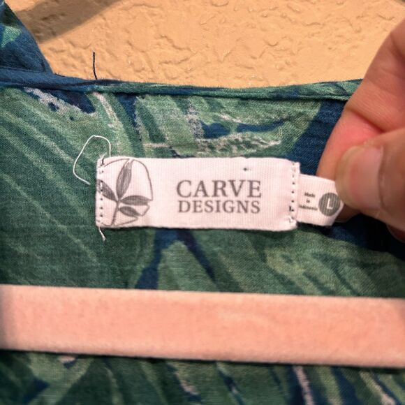 Carve Designs Gauzy Hooded Tunic Top Womens Large Blue Green Leaf Print Cover Up - Picture 6 of 6